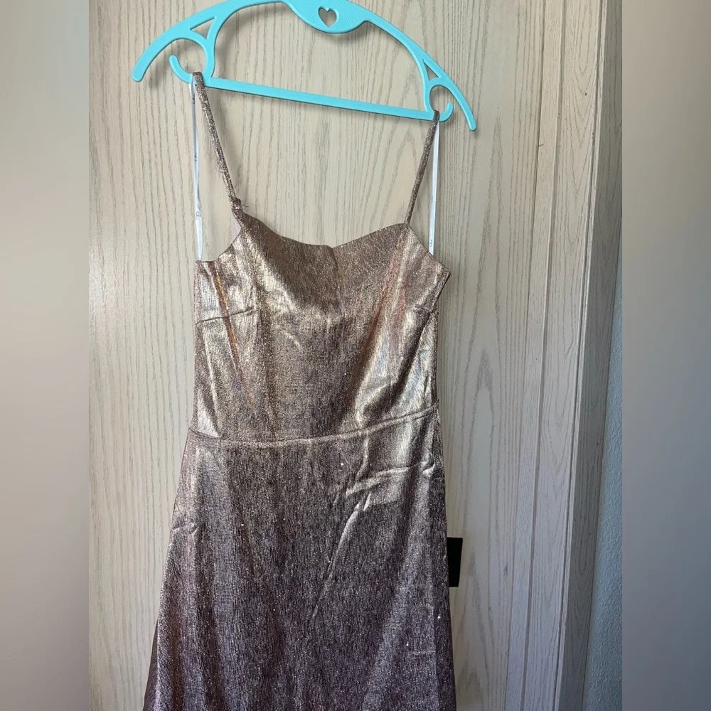 LULU’S- Gorgeously Glowing Shiny Rose Gold Mini Skater Dress - NWT - Picture 12 of 15